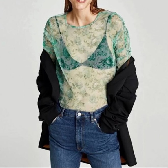 NEW ZARA Green Floral Mesh Sheer Top Ruched Blouse - Picture 10 of 10